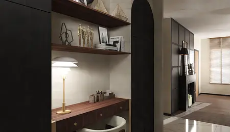 Minimalistyczna garderoba z ciemnymi meblami i nowoczesnymi detalami