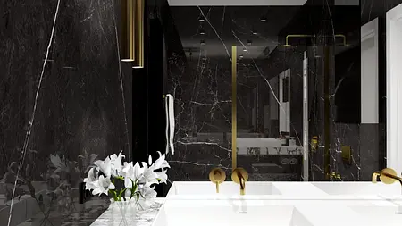 Nowoczesna łazienka w stylu glamour z czarnymi ścianami, białą wanną i złotymi akcentami.