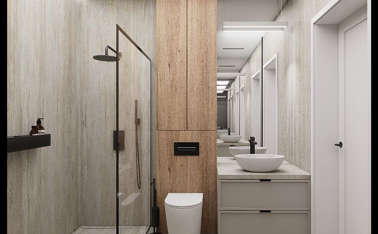 Nowoczesna łazienka w stylu minimalistycznym z drewnem i szarością.