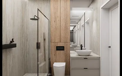 Nowoczesna łazienka w stylu minimalistycznym z drewnem i szarością.