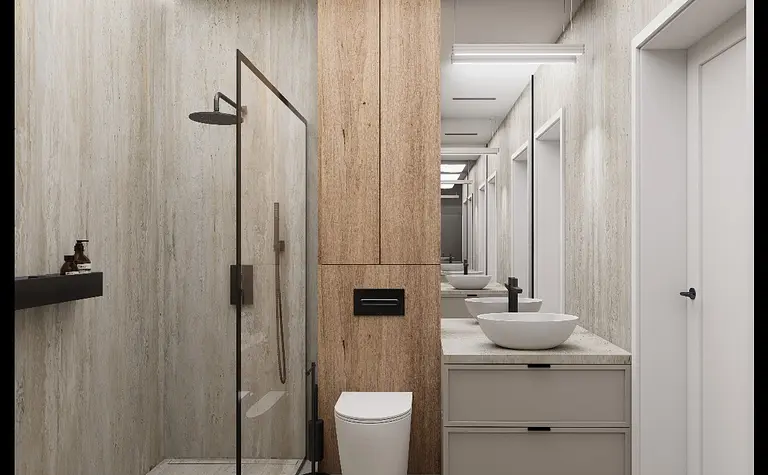 Nowoczesna łazienka w stylu minimalistycznym z drewnem i szarością.