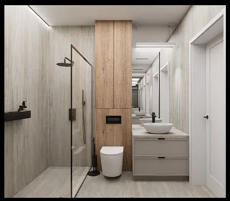 Nowoczesna łazienka w stylu minimalistycznym z drewnem i szarością.