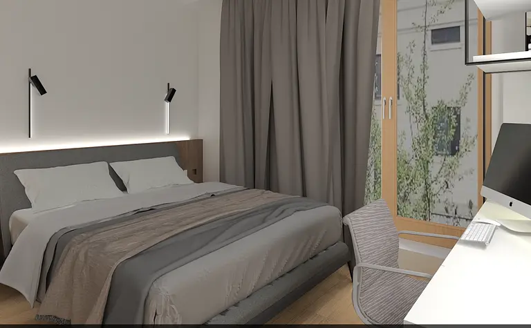 Wnętrze sypialni z szarym łóżkiem, biurkiem i zasłonami, styl industrialny i minimalistyczny.