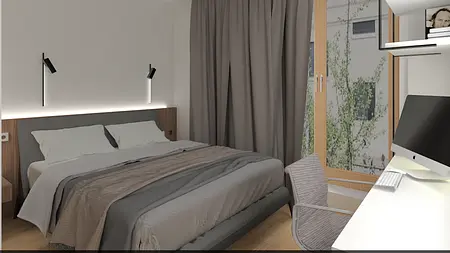 Wnętrze sypialni z szarym łóżkiem, biurkiem i zasłonami, styl industrialny i minimalistyczny.