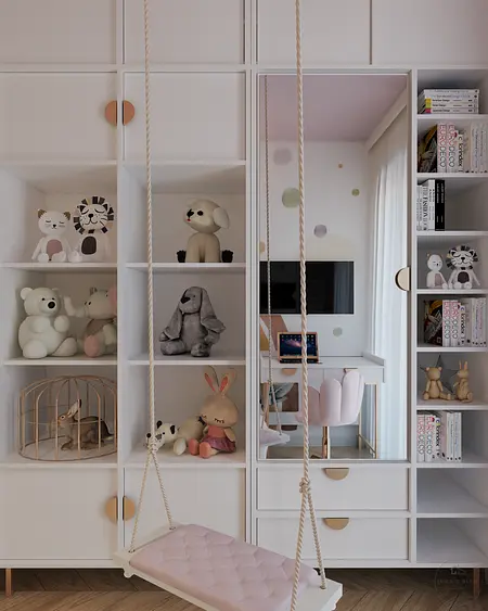 Pokój dziecięcy z białymi meblami, huśtawką i pluszakami w stylu glamour i nowoczesnym.