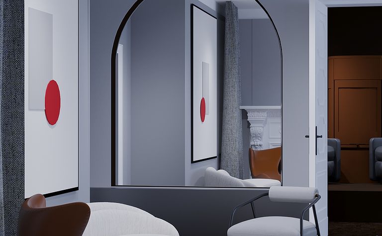 Wnętrze salonu w stylu japandi, minimalistycznym i nowoczesnym z szarymi ścianami i białymi meblami.