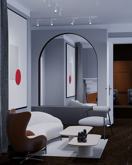 Wnętrze salonu w stylu japandi, minimalistycznym i nowoczesnym z szarymi ścianami i białymi meblami.