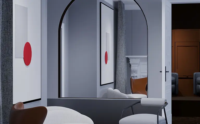 Wnętrze salonu w stylu japandi, minimalistycznym i nowoczesnym z szarymi ścianami i białymi meblami.