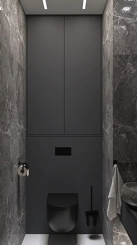 Nowoczesna toaleta w soft minimalizmie z marmurowymi ścianami i eleganckimi detalami.