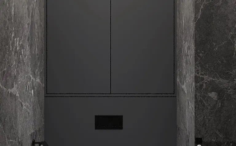 Nowoczesna toaleta w soft minimalizmie z marmurowymi ścianami i eleganckimi detalami.