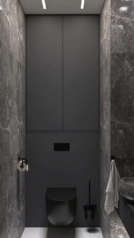 Nowoczesna toaleta w soft minimalizmie z marmurowymi ścianami i eleganckimi detalami.
