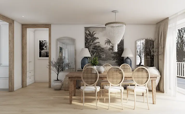 Jadalnia w stylu prowansalskim z drewnianym stołem i lampą.