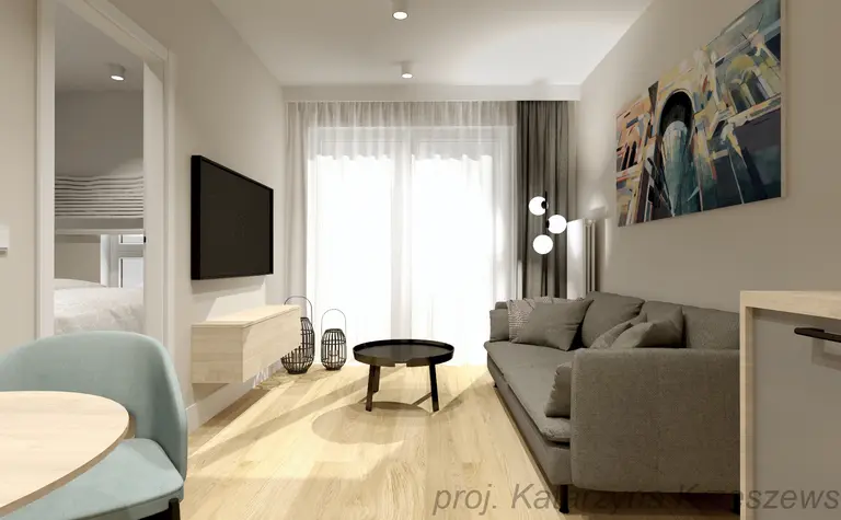 Wnętrze salonu w stylu industrialnym, minimalistycznym i współczesnym z szarym narożnikiem.