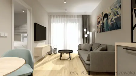 Wnętrze salonu w stylu industrialnym, minimalistycznym i współczesnym z szarym narożnikiem.