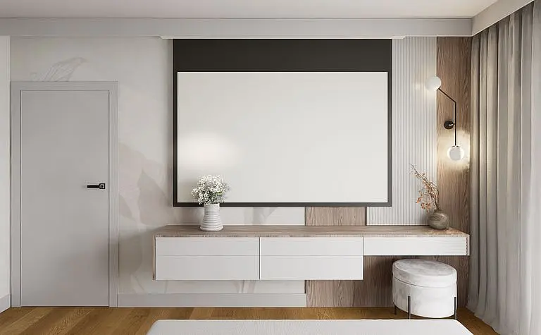 Wnętrze salonu w stylu minimalistycznym z jasną sofą, telewizorem i zasłonami.
