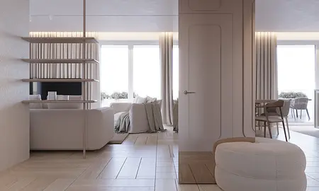 Wnętrze salonu w stylu japandi z jasnymi meblami i drewnianymi detalami.