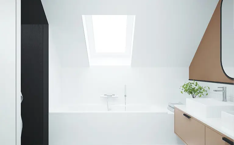 Minimalistyczna łazienka z nowoczesnym wykończeniem, wanną i stylową podłogą.