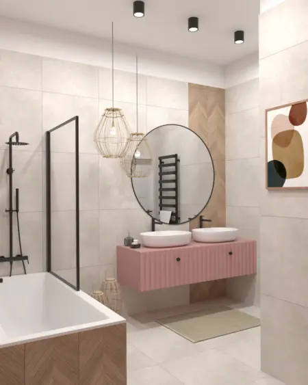 Wnętrze łazienki w stylu art deco i boho z różową umywalką.