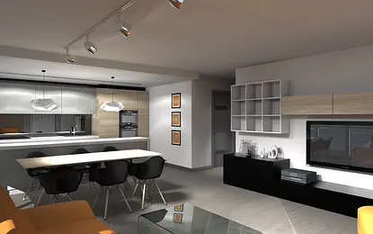 Wnętrze kuchni z minimalistycznym, nowoczesnym designem, szarymi meblami i drewnianymi akcentami.