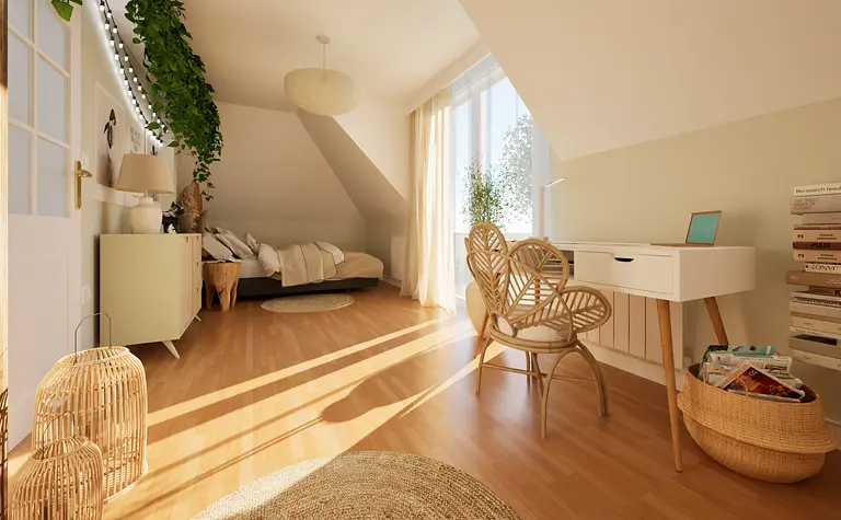 Wnętrze poddasza w stylu boho z naturalnym światłem