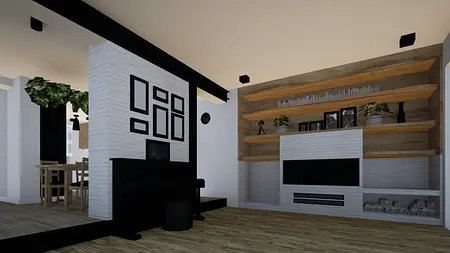 Nowoczesne wnętrze salonu skandynawskiego z białą ścianą, drewnianymi półkami i roślinami