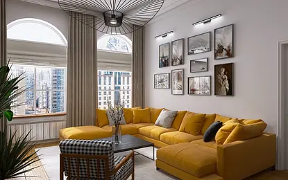 Nowoczesny salon z dużą żółtą sofą narożną, dekoracyjnymi obrazami na ścianie i widokiem na miejską panoramę przez duże, półokrągłe okna.