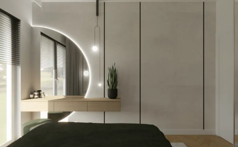 Wnętrze sypialni z minimalistycznym stylem, industrialnymi akcentami oraz rośliną.