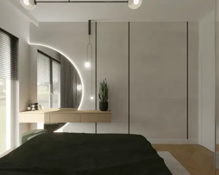 Wnętrze sypialni z minimalistycznym stylem, industrialnymi akcentami oraz rośliną.