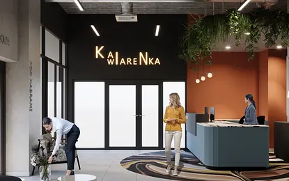 Wnętrze kawiarni w stylu art deco i współczesnym z recepcją