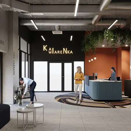 Wnętrze kawiarni w stylu art deco i współczesnym z recepcją