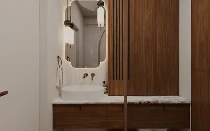 Wnętrze łazienki w stylu art deco i vintage z drewnem i marmurem.