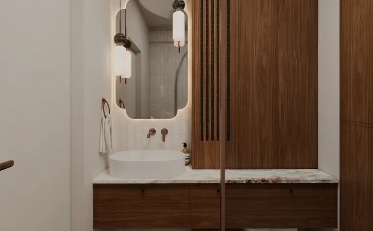 Wnętrze łazienki w stylu art deco i vintage z drewnem i marmurem.