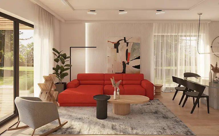 Wnętrze salonu z czerwoną kanapą, rośliną i drewnianymi detalami w stylu minimalistycznym.
