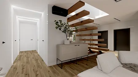 Nowoczesny korytarz z drewnianymi schodami w stylu japandi.