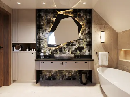 Nowoczesna łazienka z minimalistycznym designem i eleganckimi detalami.