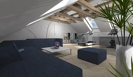 Wnętrze poddasza z niebieską sofą, drewnianymi akcentami i roślinami, styl dopamine decor, industrialny, nowoczesny, współczesny.