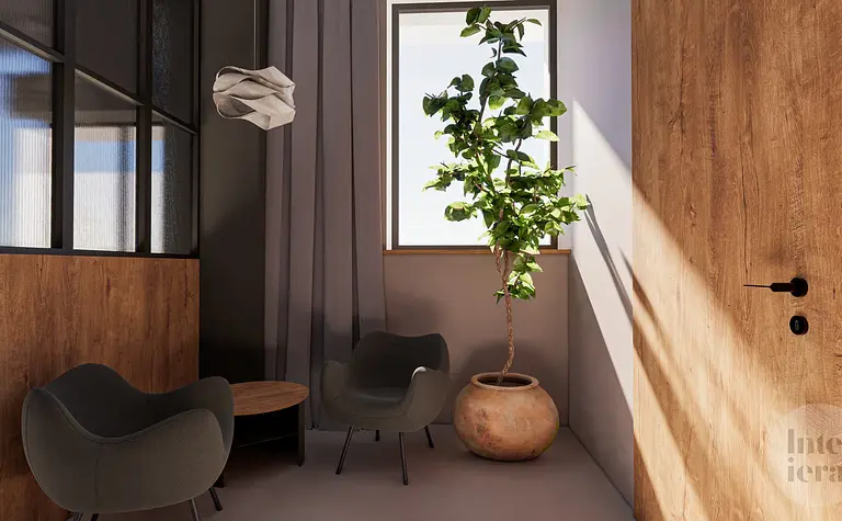 Eklektyczne wnętrze z rośliną, drewnianymi meblami i minimalistycznymi detalami.