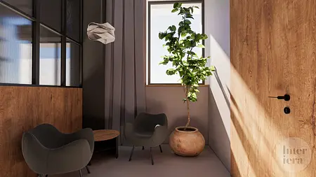 Eklektyczne wnętrze z rośliną, drewnianymi meblami i minimalistycznymi detalami.