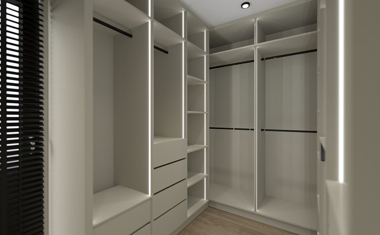 Garderoba z białymi meblami i oświetleniem LED, nowoczesny design.