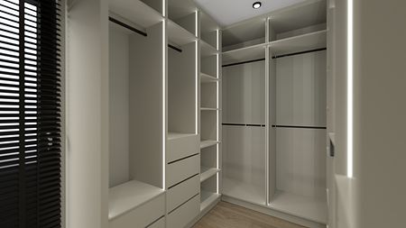 Garderoba z białymi meblami i oświetleniem LED, nowoczesny design.