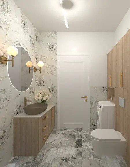 Nowoczesna łazienka z marmurowymi ścianami i drewnianymi elementami w stylu eklektycznym.