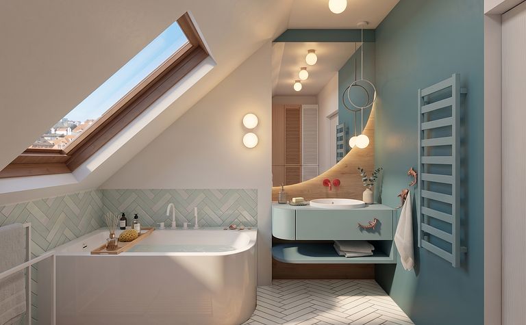 Wnętrze łazienki z wanną, umywalką i niebieskimi akcentami, styl minimalistyczny, nowoczesny.