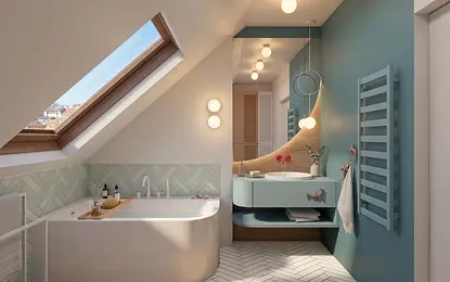 Wnętrze łazienki z wanną, umywalką i niebieskimi akcentami, styl minimalistyczny, nowoczesny.