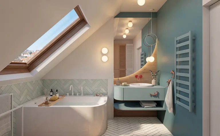 Wnętrze łazienki z wanną, umywalką i niebieskimi akcentami, styl minimalistyczny, nowoczesny.