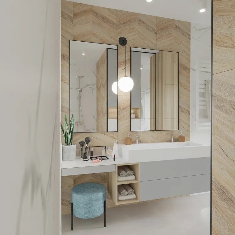 Wnętrze łazienki z elementami art deco i minimalistycznymi akcentami.