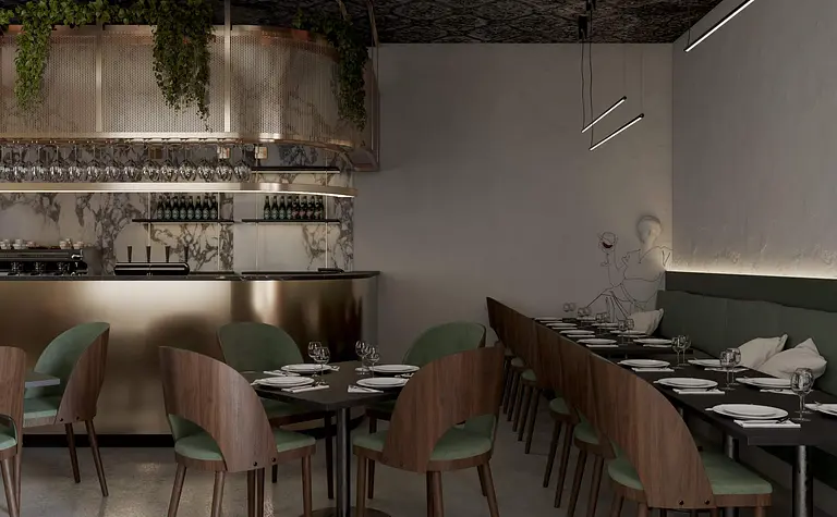 Wnętrze restauracji z glamour i nowoczesnym stylem, zielone krzesła, marmurowy bar.
