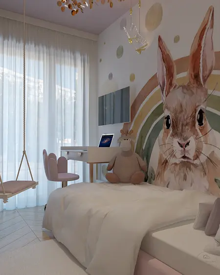 Pokój dziecięcy z tapetą z królikiem, nowoczesnym biurkiem i huśtawką.