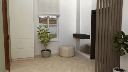 Wnętrze pokoju z roślinami, jasnymi meblami i lustrem, styl industrialny i nowoczesny.
