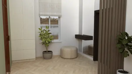 Wnętrze pokoju z roślinami, jasnymi meblami i lustrem, styl industrialny i nowoczesny.