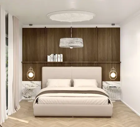 Nowoczesna sypialnia z minimalistycznym wystrojem, brązową ścianą i eleganckim oświetleniem.